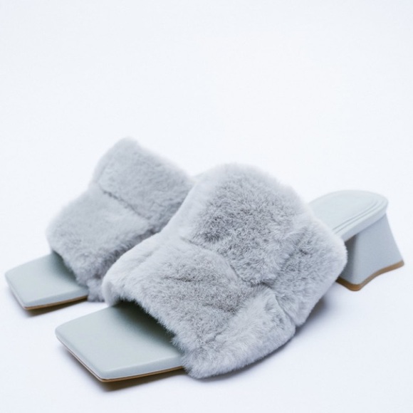 Zara Shoes - Zara New Blue Faux Fur Block Heels Squared Toe Sandals Shoes, size 8, nwt
